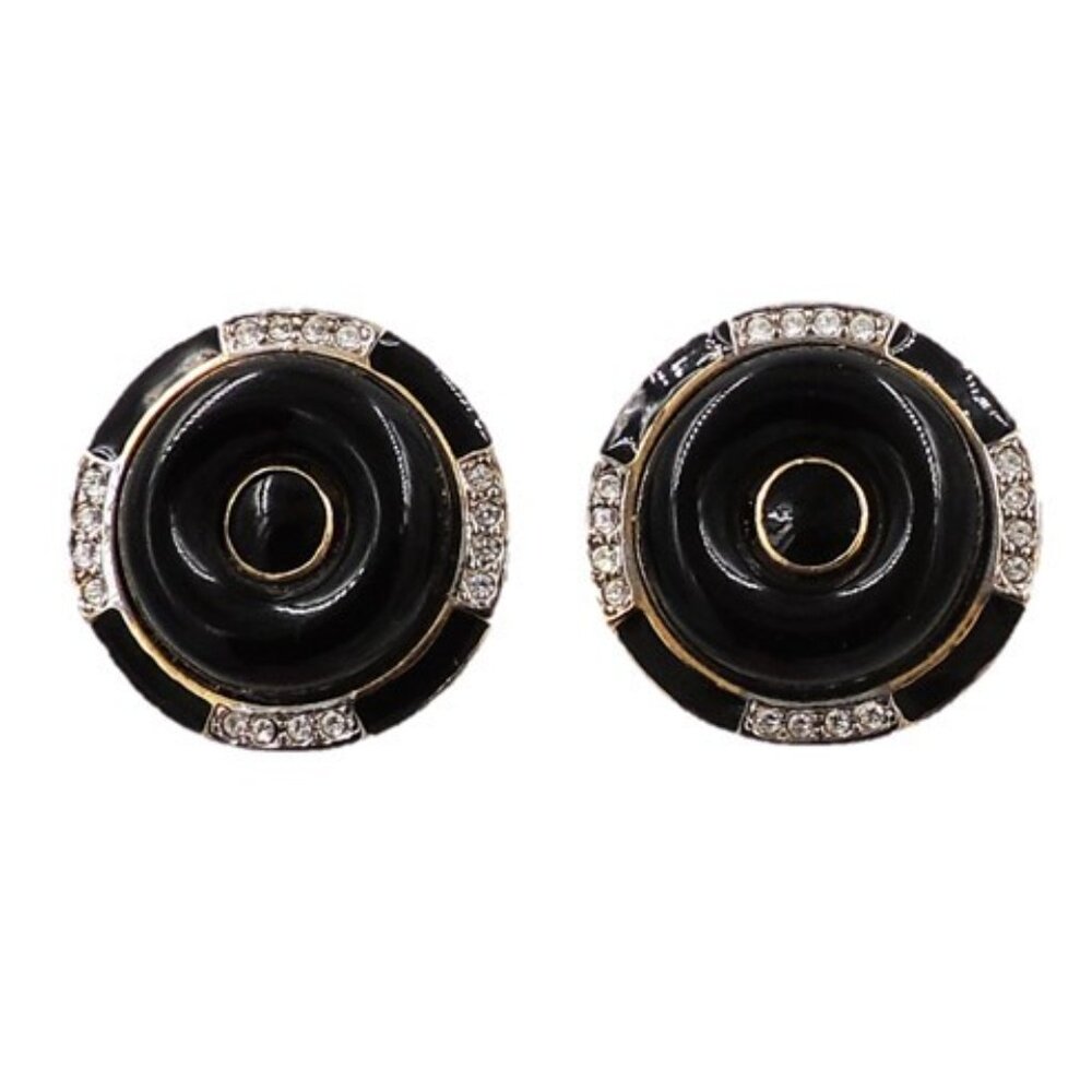 Vintage 1980s Signed Kenneth Lane Deco Style Black Clip Earrings